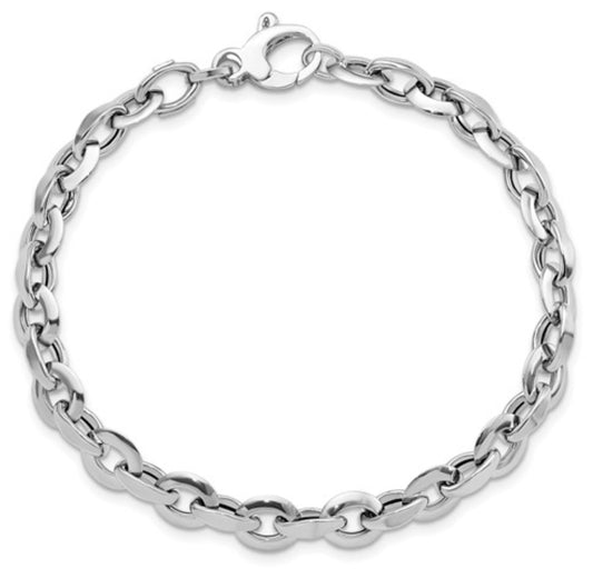 14k 7mm White Gold Flat Sided Oval Link Bracelet