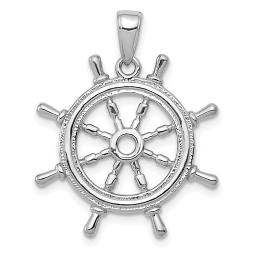 14k White Gold Ship Wheel Pendant