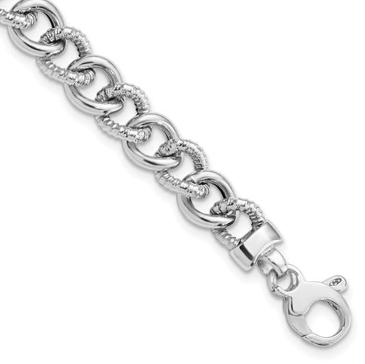14k 8mm White Gold Textured Link Bracelet